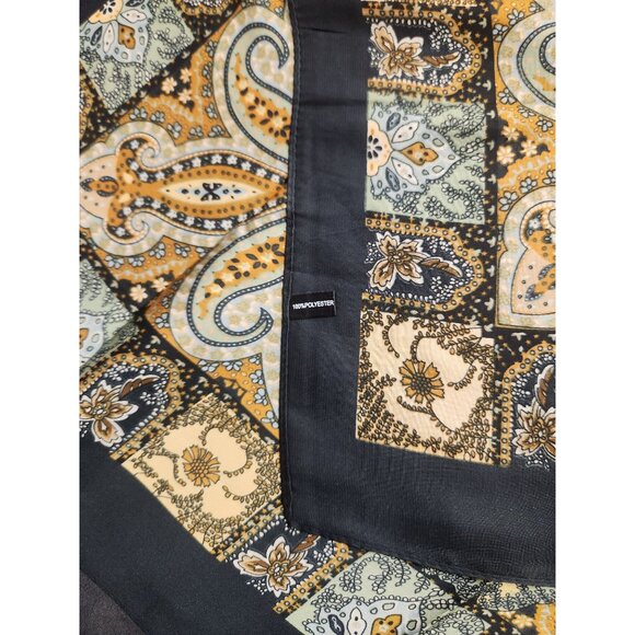 Paisley Floral Silk Scarf 27" Square Black Yellow Mint Accents Hand-Rolled - Picture 8 of 14